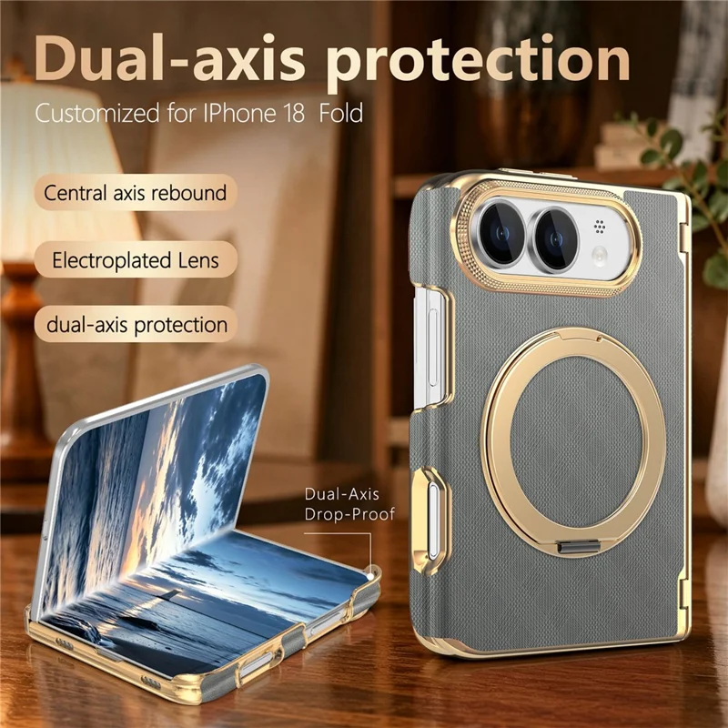 Cover per iPhone Fold con Supporto Magnetico, Anello Girevole, Protezione Biaxiale in Pelle e PC - Grigio