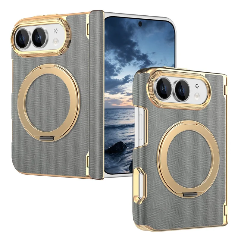 Cover per iPhone Fold con Supporto Magnetico, Anello Girevole, Protezione Biaxiale in Pelle e PC - Grigio