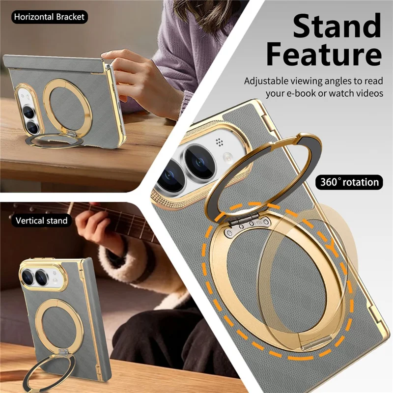 Cover per iPhone Fold con Supporto Magnetico, Anello Girevole, Protezione Biaxiale in Pelle e PC - Grigio