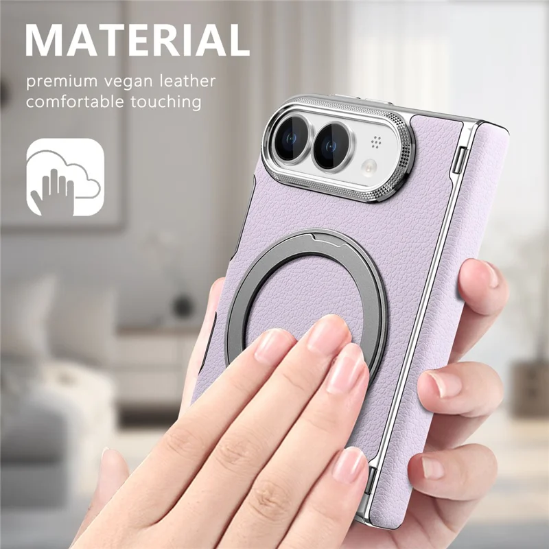 For iPhone Duo Case Magnetic Kickstand Dual-Axis Shockproof Litchi Texture Leather Phone Cover - Purple