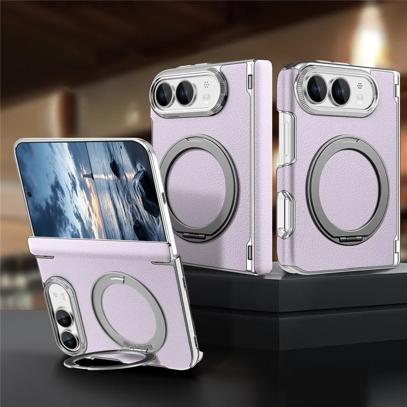 For iPhone Duo Case Magnetic Kickstand Dual-Axis Shockproof Litchi Texture Leather Phone Cover - Purple