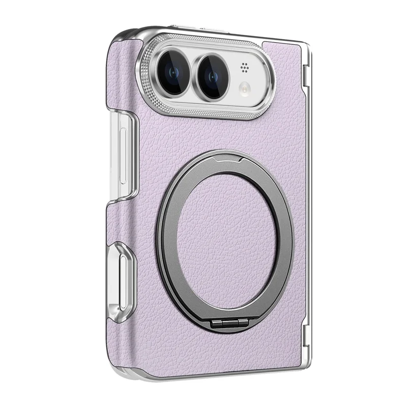 For iPhone Duo Case Magnetic Kickstand Dual-Axis Shockproof Litchi Texture Leather Phone Cover - Purple