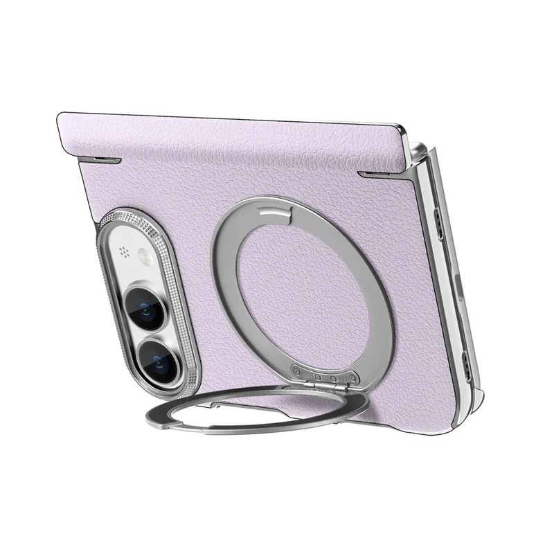 For iPhone Duo Case Magnetic Kickstand Dual-Axis Shockproof Litchi Texture Leather Phone Cover - Purple