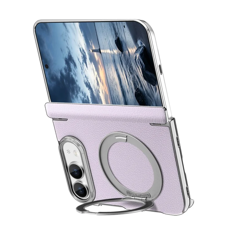 For iPhone Duo Case Magnetic Kickstand Dual-Axis Shockproof Litchi Texture Leather Phone Cover - Purple