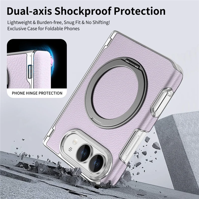 For iPhone Duo Case Magnetic Kickstand Dual-Axis Shockproof Litchi Texture Leather Phone Cover - Purple