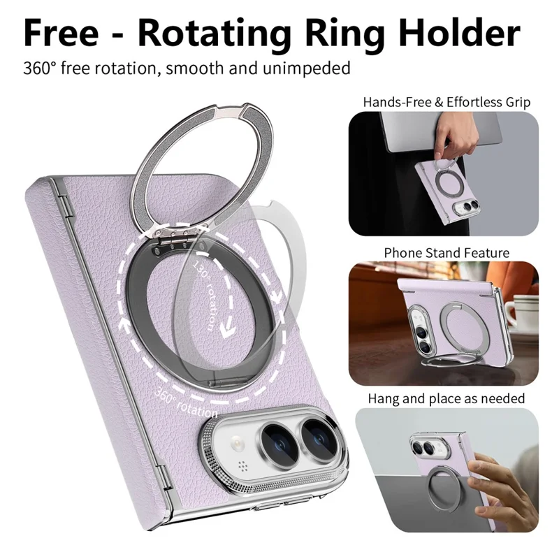 For iPhone Duo Case Magnetic Kickstand Dual-Axis Shockproof Litchi Texture Leather Phone Cover - Purple