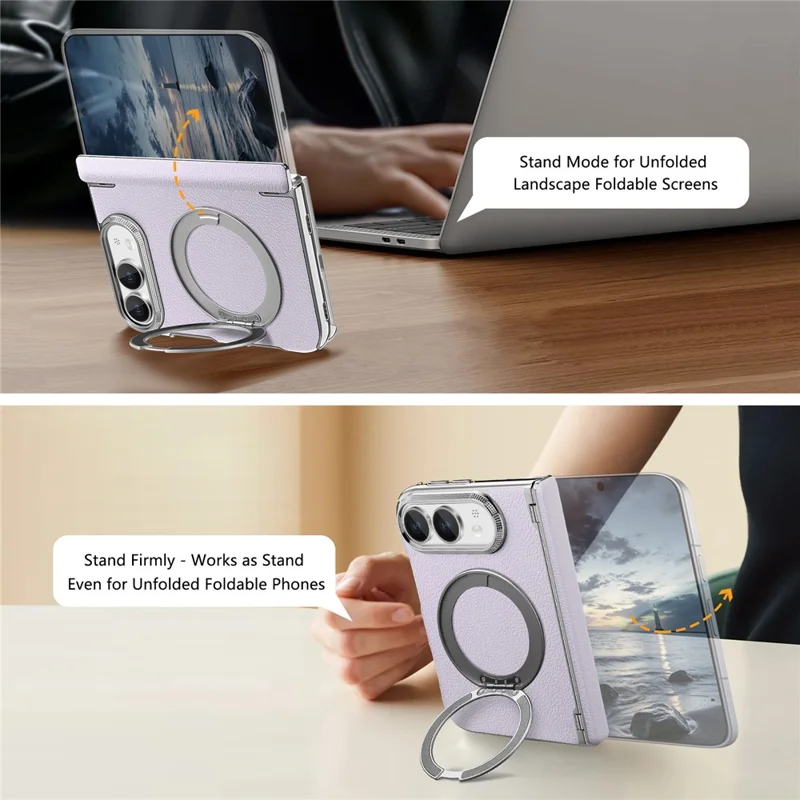 For iPhone Duo Case Magnetic Kickstand Dual-Axis Shockproof Litchi Texture Leather Phone Cover - Purple