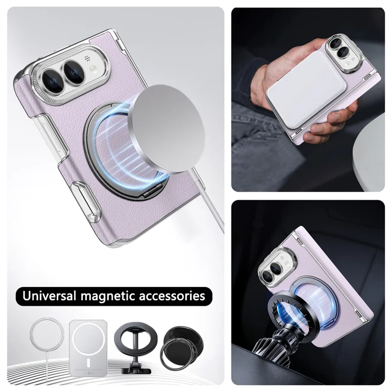 For iPhone Duo Case Magnetic Kickstand Dual-Axis Shockproof Litchi Texture Leather Phone Cover - Purple