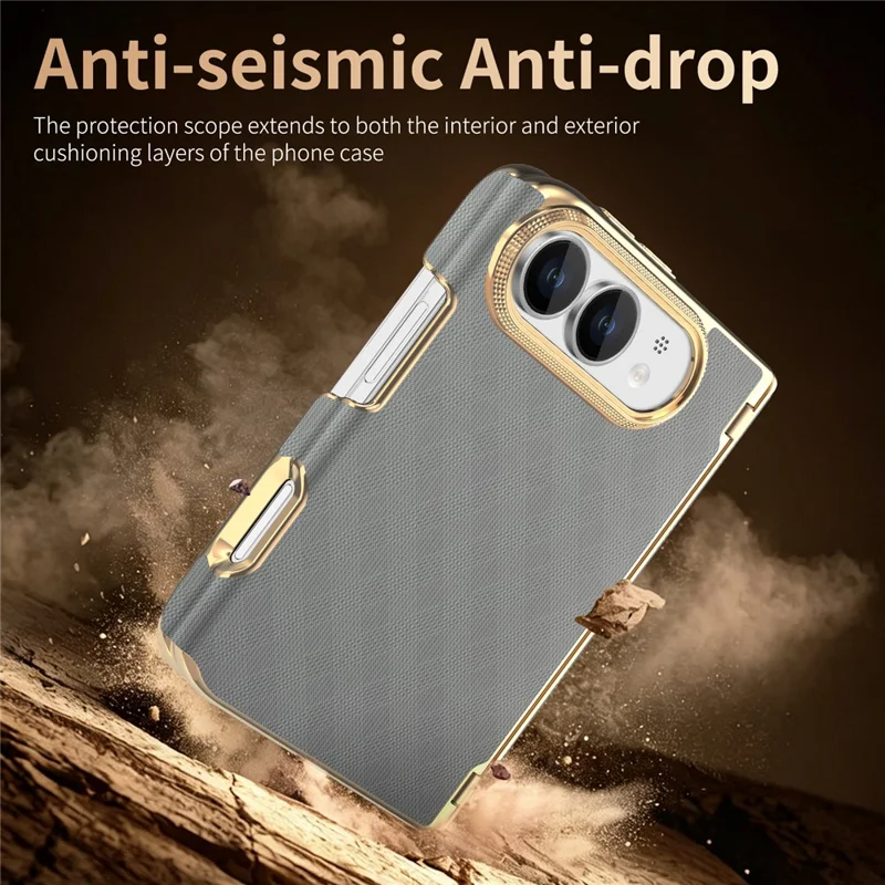 Für iPhone Fold Hülle Dual-Achsen Scharnier-Schutz stoßfest Karierte Lederoptik + PC-Handyhülle - Grau