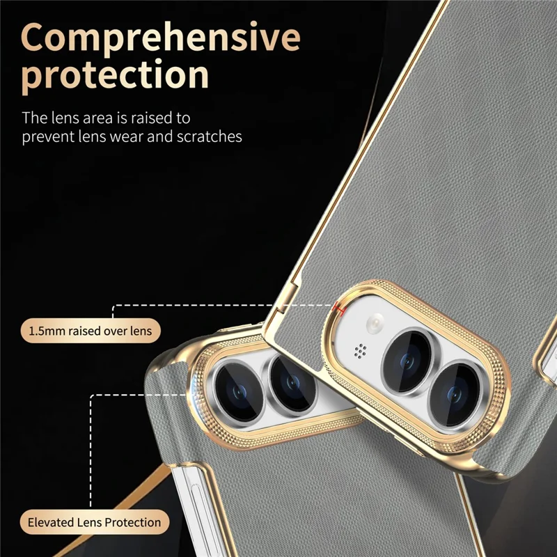 Für iPhone Fold Hülle Dual-Achsen Scharnier-Schutz stoßfest Karierte Lederoptik + PC-Handyhülle - Grau
