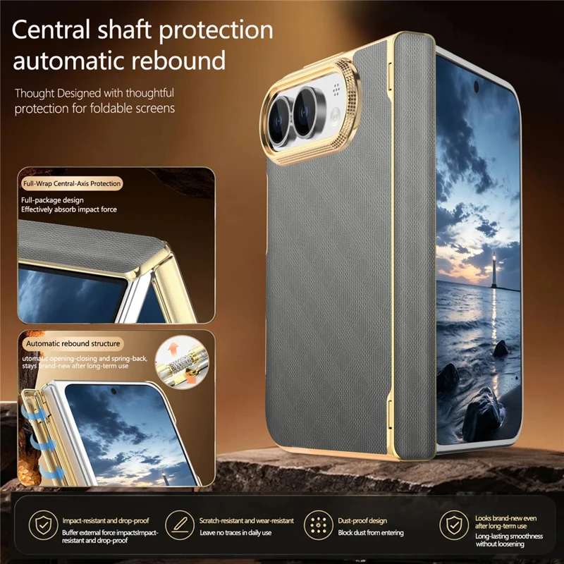 Für iPhone Fold Hülle Dual-Achsen Scharnier-Schutz stoßfest Karierte Lederoptik + PC-Handyhülle - Grau