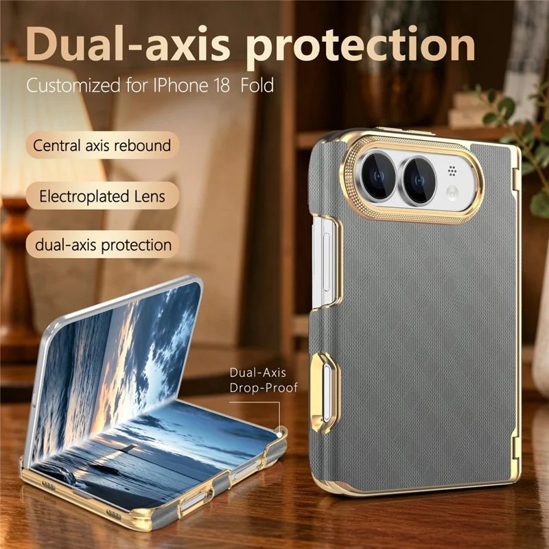 Für iPhone Fold Hülle Dual-Achsen Scharnier-Schutz stoßfest Karierte Lederoptik + PC-Handyhülle - Grau