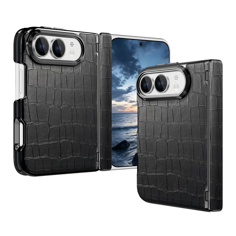 Für iPhone Fold Case Dual-Achsen-Scharnier-Schutz Krokodil-Textur Leder + PC-Handyhülle - Schwarz