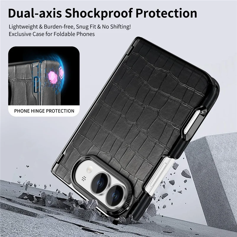 Für iPhone Fold Case Dual-Achsen-Scharnier-Schutz Krokodil-Textur Leder + PC-Handyhülle - Schwarz