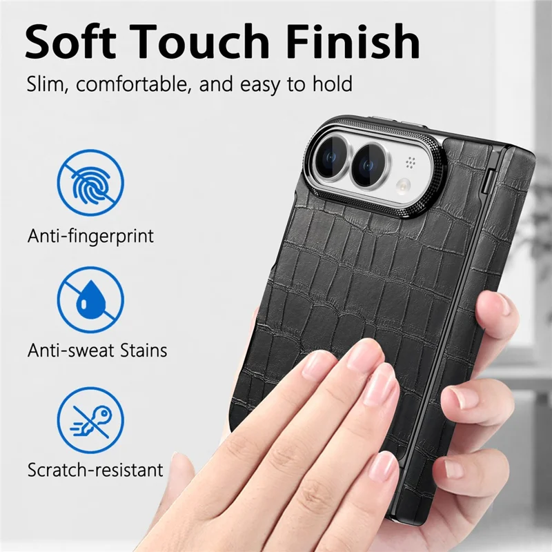Für iPhone Fold Case Dual-Achsen-Scharnier-Schutz Krokodil-Textur Leder + PC-Handyhülle - Schwarz
