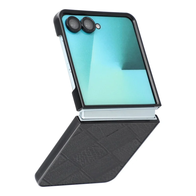 For Samsung Galaxy Z Flip8 Case Square Grid Texture Leather Coated PC Foldable Phone Protective Cover - Black