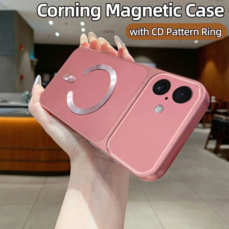 For iPhone 17 Magnetic Case C-Shaped CD Pattern Ring with Tail Metallic Painted TPU Phone Back Cover - Pink