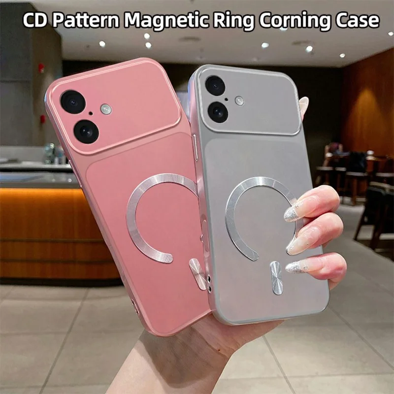 For iPhone 17 Magnetic Case C-Shaped CD Pattern Ring with Tail Metallic Painted TPU Phone Back Cover - Pink