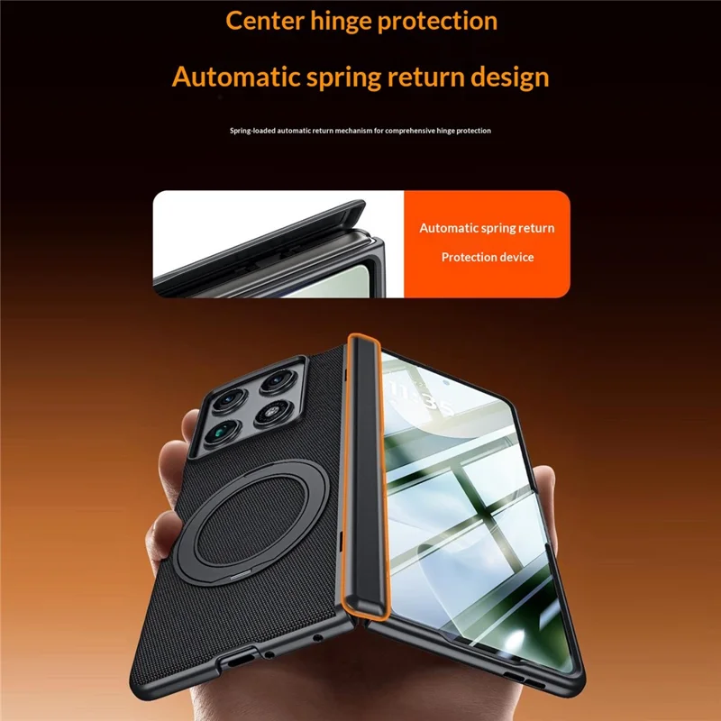 For Motorola Razr Fold 5G Case with Anti-Spy Screen Protector Magnetic Rotating Kickstand Tech Fabric + PC Phone Cover - Black