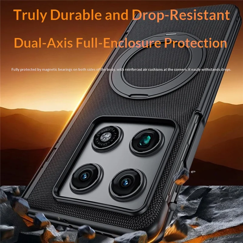 For Motorola Razr Fold 5G Case with Anti-Spy Screen Protector Magnetic Rotating Kickstand Tech Fabric + PC Phone Cover - Black