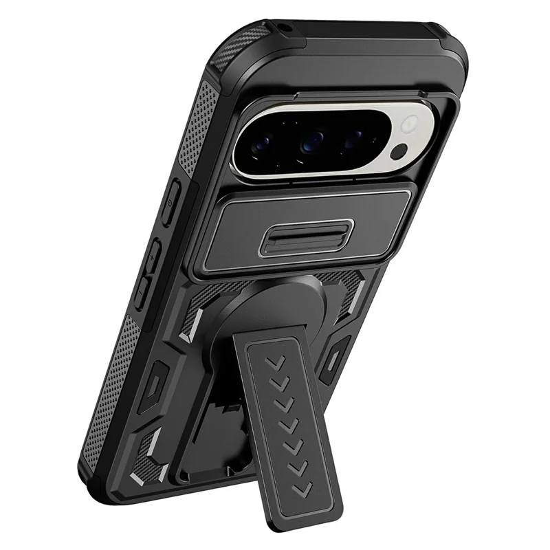 For Google Pixel 10 Pro XL Case Slide Lens Shield PC + TPU Kickstand Phone Cover - Black