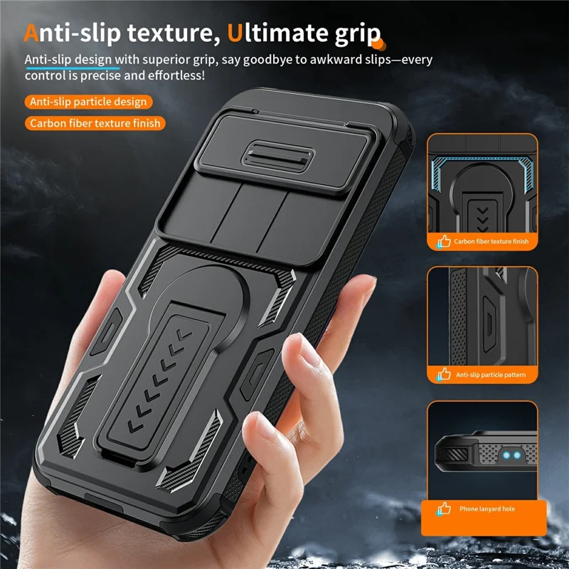 For Google Pixel 10 Pro XL Case Slide Lens Shield PC + TPU Kickstand Phone Cover - Black