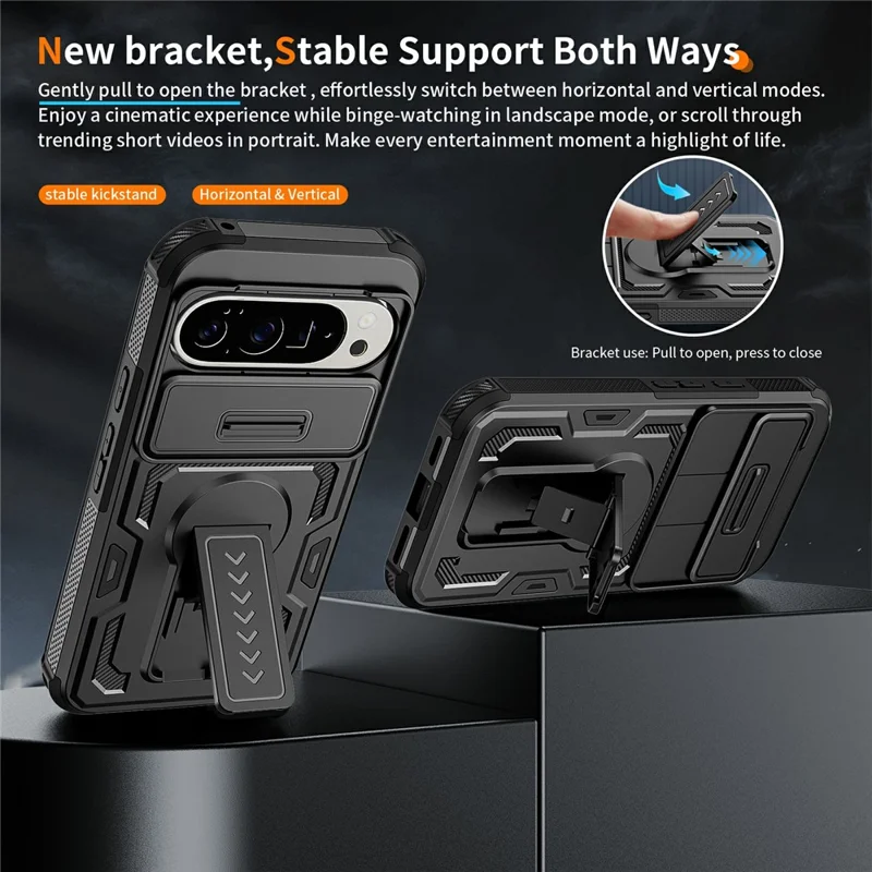 For Google Pixel 10 Pro XL Case Slide Lens Shield PC + TPU Kickstand Phone Cover - Black