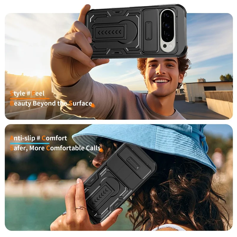 For Google Pixel 10 Pro XL Case Slide Lens Shield PC + TPU Kickstand Phone Cover - Black