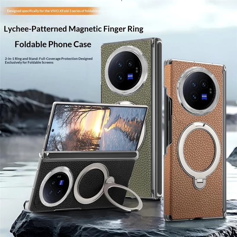 For vivo X Fold3 Case Magnetic Rotatable Kickstand Lychee-textured Hinge Protection Phone Cover - Grey
