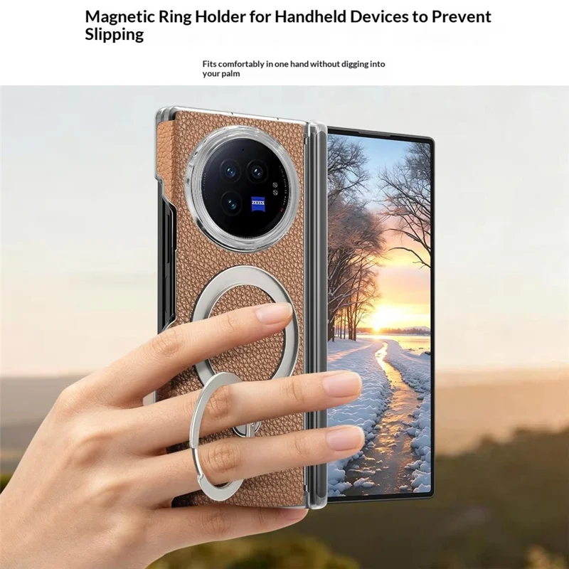 For vivo X Fold3 Case Magnetic Rotatable Kickstand Lychee-textured Hinge Protection Phone Cover - Grey