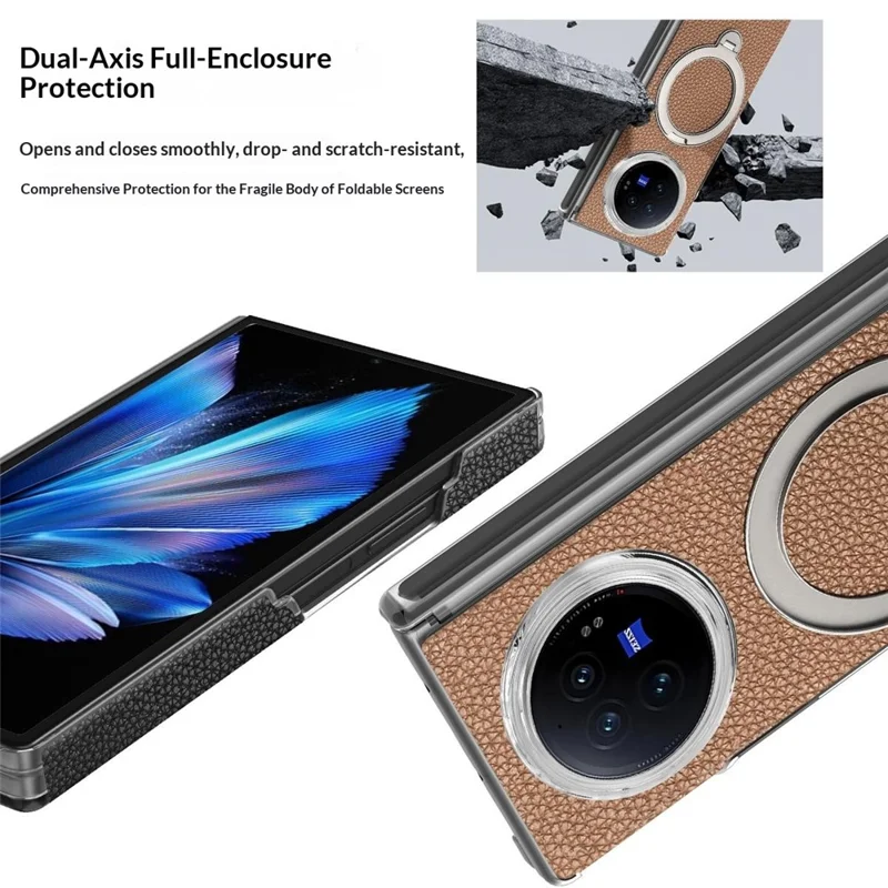 For vivo X Fold3 Case Magnetic Rotatable Kickstand Lychee-textured Hinge Protection Phone Cover - Grey