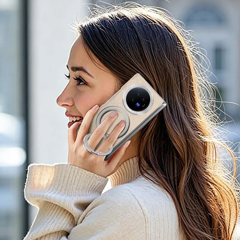 For vivo X Fold3 Case Magnetic Rotatable Kickstand Lychee-textured Hinge Protection Phone Cover - Grey