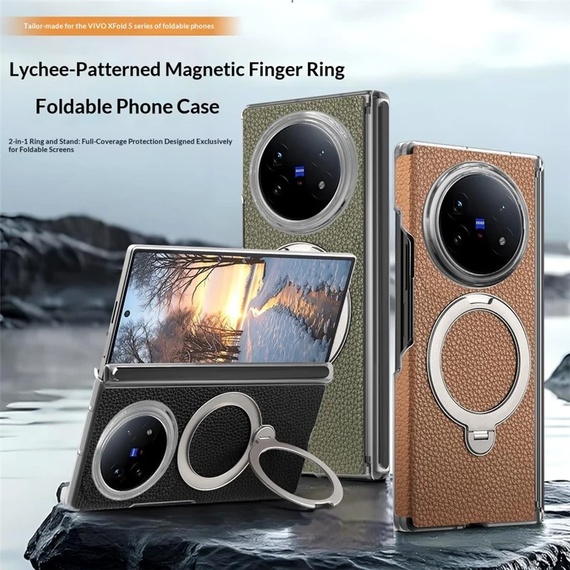 For vivo X Fold5 5G Case Magnetic Rotatable Kickstand Lychee-textured Hinge Protection Phone Cover - Grey