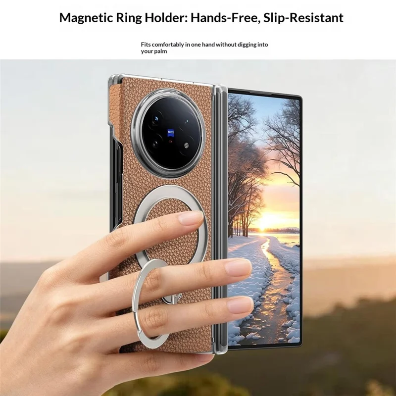 For vivo X Fold5 5G Case Magnetic Rotatable Kickstand Lychee-textured Hinge Protection Phone Cover - Grey