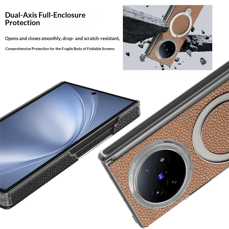 For vivo X Fold5 5G Case Magnetic Rotatable Kickstand Lychee-textured Hinge Protection Phone Cover - Grey