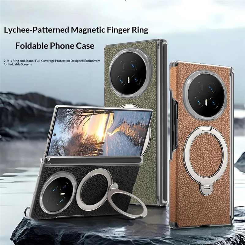 For Honor Magic V5 5G Case Magnetic Rotatable Kickstand Lychee-textured Hinge Protection Phone Cover - Brown