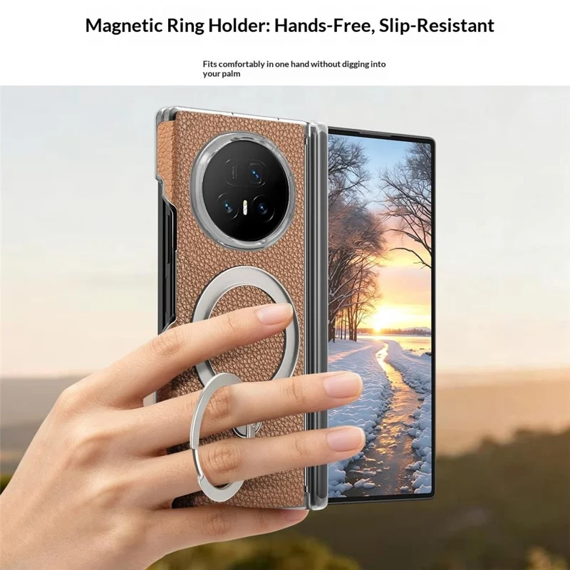 For Honor Magic V5 5G Case Magnetic Rotatable Kickstand Lychee-textured Hinge Protection Phone Cover - Brown