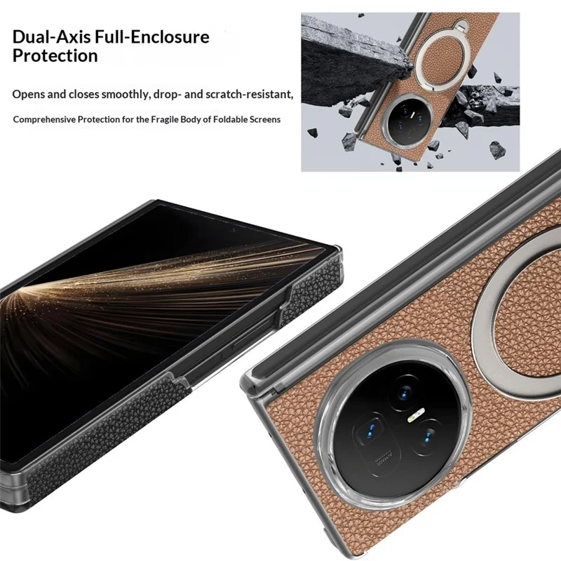 For Honor Magic V5 5G Case Magnetic Rotatable Kickstand Lychee-textured Hinge Protection Phone Cover - Brown