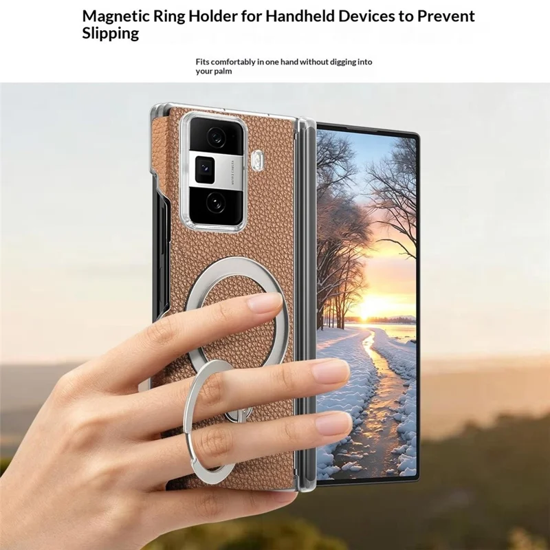 Capa para Honor Magic Vs3 5G com Suporte Giratório Magnético, Proteção de Dobradiça com Textura de Lichia - Marrom