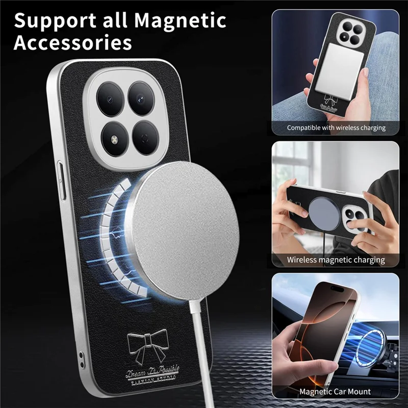 For Xiaomi Redmi Note 15 Pro+ 5G (Global) / Poco M8 Pro 5G Magnetic Case Bow Pattern PU Leather + TPU + PC Shockproof Phone Cover - Black