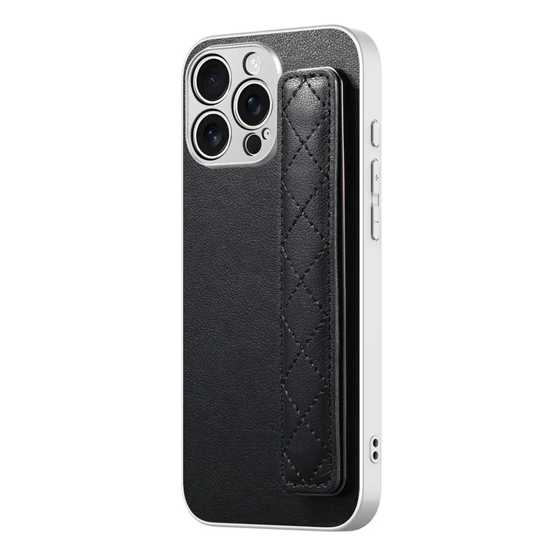 For iPhone 16 Pro Max Case PU Leather Coated PC + TPU Protective Phone Cover with Quilted Wrist Strap - Black
