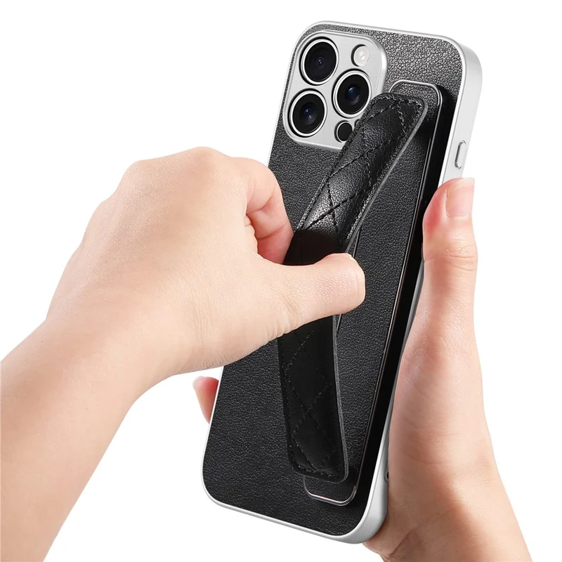 For iPhone 16 Pro Max Case PU Leather Coated PC + TPU Protective Phone Cover with Quilted Wrist Strap - Black