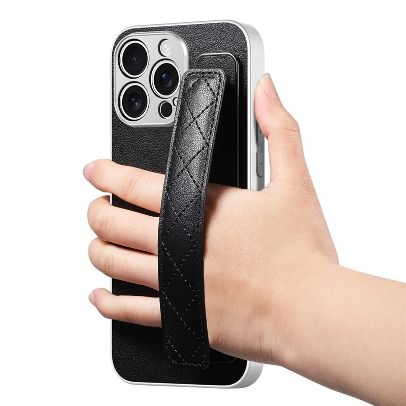 For iPhone 16 Pro Max Case PU Leather Coated PC + TPU Protective Phone Cover with Quilted Wrist Strap - Black