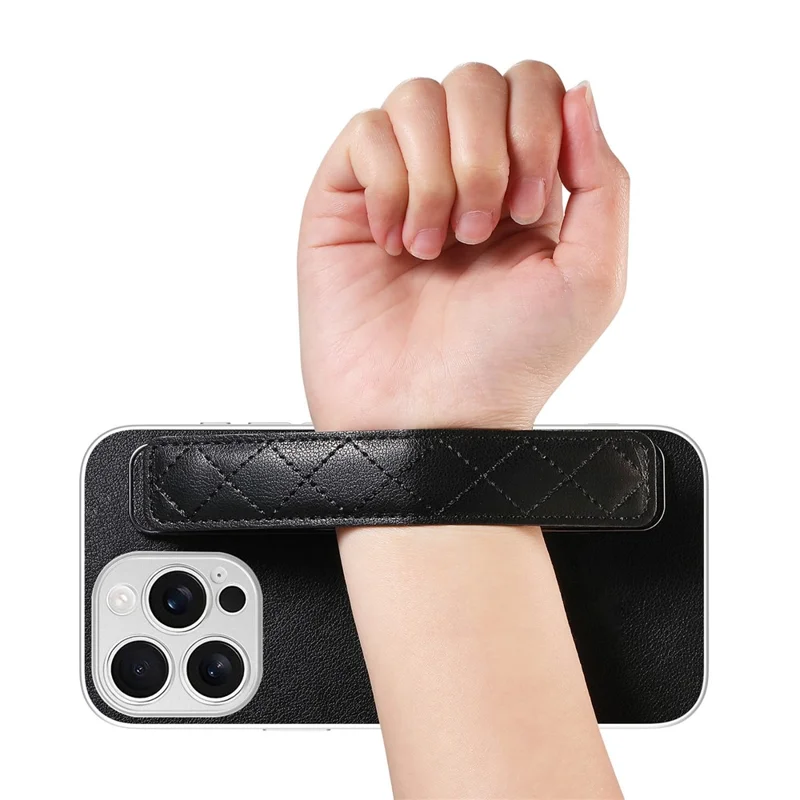 For iPhone 16 Pro Max Case PU Leather Coated PC + TPU Protective Phone Cover with Quilted Wrist Strap - Black
