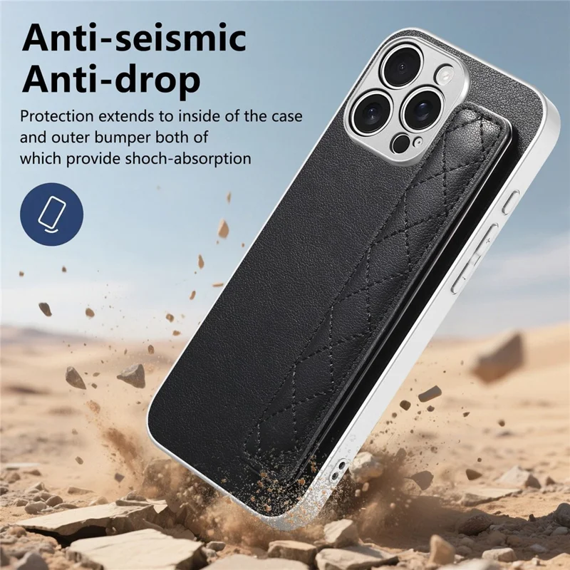 For iPhone 16 Pro Max Case PU Leather Coated PC + TPU Protective Phone Cover with Quilted Wrist Strap - Black