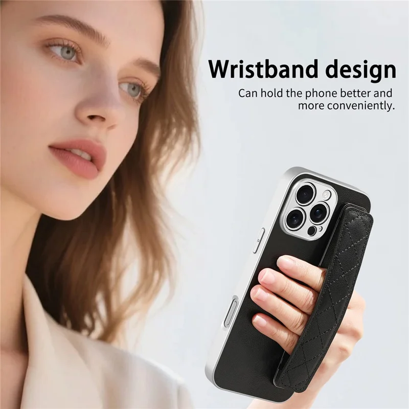 For iPhone 16 Pro Max Case PU Leather Coated PC + TPU Protective Phone Cover with Quilted Wrist Strap - Black