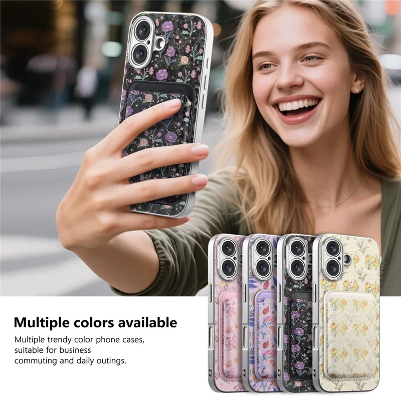 For iPhone 17 Magnetic Case with Detachable Card Holder Floral Pattern Anti-Drop Phone Cover - Black