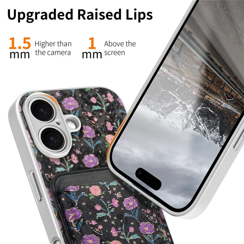 For iPhone 17 Magnetic Case with Detachable Card Holder Floral Pattern Anti-Drop Phone Cover - Black