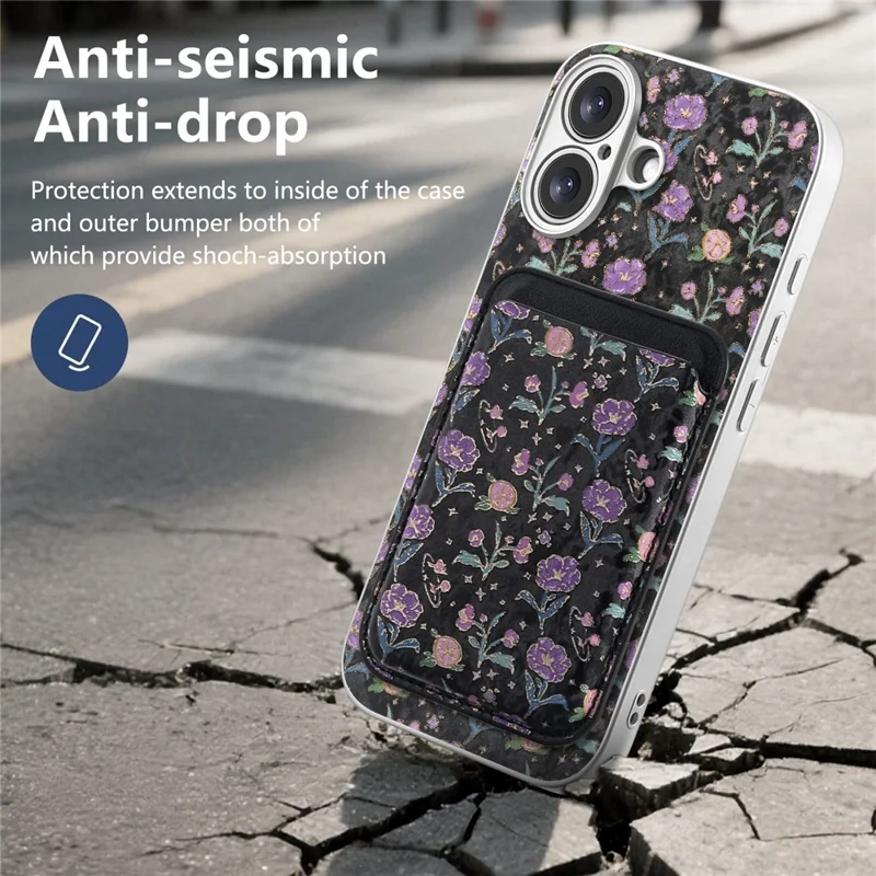 For iPhone 17 Magnetic Case with Detachable Card Holder Floral Pattern Anti-Drop Phone Cover - Black