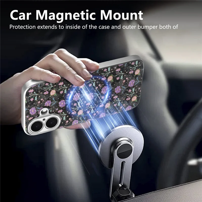 For iPhone 17 Magnetic Case with Detachable Card Holder Floral Pattern Anti-Drop Phone Cover - Black